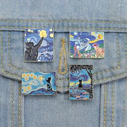 Broches amusantes en émail pour chats de nuit étoilée, personnalisé Van Gogh, peinture à l'huile, Badge à revers, bijoux d'art Animal, cadeau pour enfants et amis