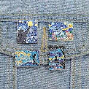 Broches Fun Sterrennacht Katten Emaille Pins Aangepaste Van Gogh Olieverfschilderij Revers Pin Badge Dier Kunst Sieraden Cadeau voor kinderen Vrienden