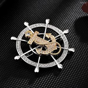 Broches Golden Ship's Anchor Roer voor heren Women Crystal Broche Pak Badge Rapel Pin Men Chain Exquisite Gift