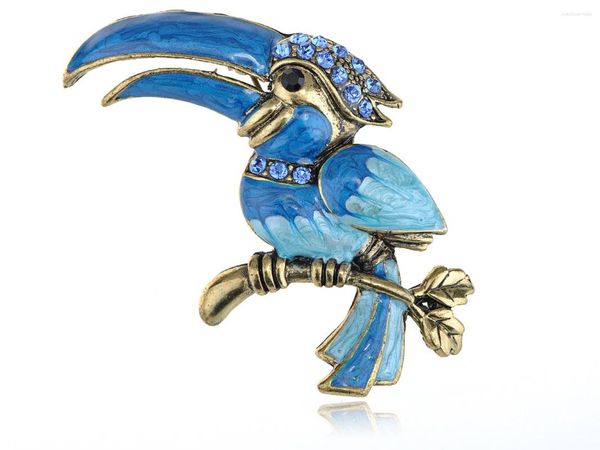 Broches Doré Ton Bleu Peinture Émail Cristal Strass Assis Calao Oiseau Broche Broche