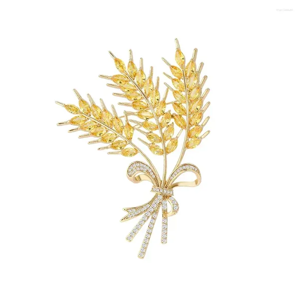 Broches magnifiques feuilles d'orge brillantes jaunes CZ Dubai Gold Couleur pour femmes Banquet Pins Vêtements Bijoux Accessoires