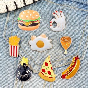 Broches hamburger pizza frites chien poulet jambes pochées oeufs émail broche chapeau chapeaux de chemise collier décoration de restauration rapide bijoux