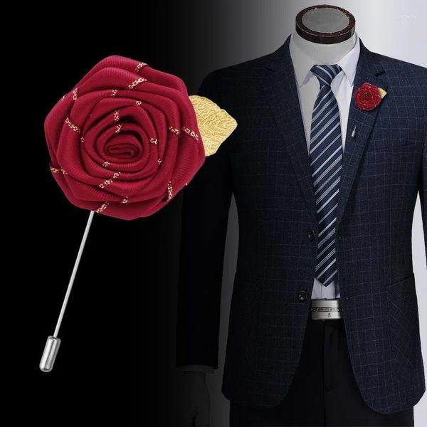 Broches Broche de flor rosa de tela hecha a mano, ramillete de hojas, alfileres de solapa de aguja larga para hombres, accesorios de joyería para fiesta y boda a la moda