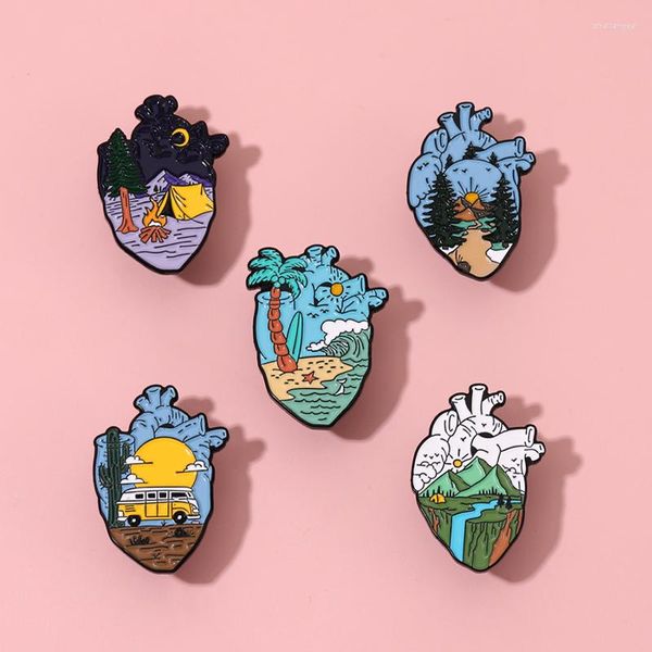 Broches Corazón Órgano Esmalte Pin Aventura Viaje Camping Paisaje Montaña Senderismo Amanecer Broche Solapa Bolsa Sombrero Joyería Regalo