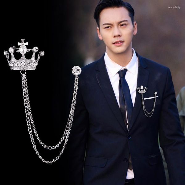 Broches haut de gamme broche couronne cristal strass gland chaîne épinglette Style britannique hommes costume col de chemise bijoux de luxe