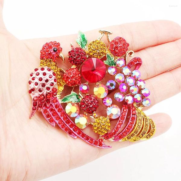 Broches de alta calidad con diamantes de imitación para mujer, plato de fruta y pájaro, Pin de ramillete para fiesta y oficina, accesorio de ropa de moda