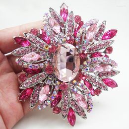 Broches enorme broche luxe roze ovale bloemenvrouw pin strass kristal zilveren toon