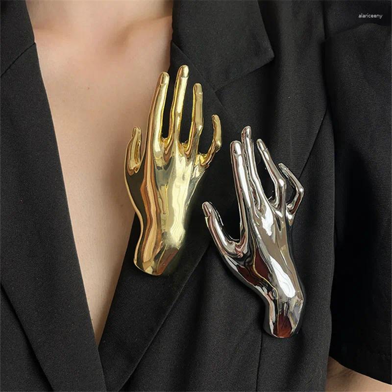 Broszki hiperbolowe metalowy gładki dłoń kształt dłoni duży broszki dla kobiet mężczyzn punkowy unikalny kreatywny garnitur biżuteria imprezowa