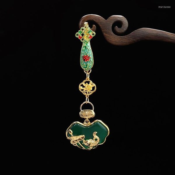 Broches Imitation Hetian Jade, Style National rétro Cheongsam, pendentif Lappet, poisson jouant autour d'un Lotus Ruyi gland Hanfu