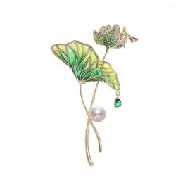 Broches Koreaanse mode luxe groene lotus blad bloem dragently voor vrouwen super schattige zirkon parel pins broches sieraden cadeaus