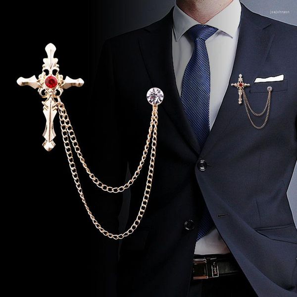 Broches coréennes haut de gamme en métal croix broche cristal strass gland chaîne épinglette mode hommes costume Badge pour femmes accessoires