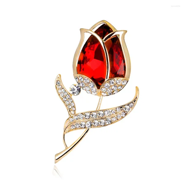 Broches tulipes rouges coréennes pour femmes, fleur en cristal, épingle à revers, mode fille, bijoux de fête, cadeau