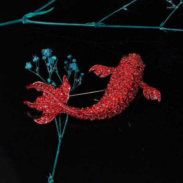 Broches pez grande Oriental Koi carpa rojo oscuro brillante diamantes de imitación cristal estilo Vintage declaración fiesta broche Pin # BR0210