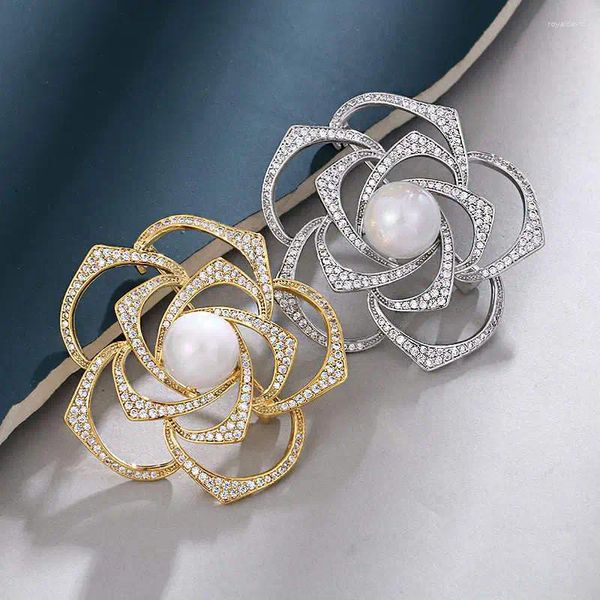 Broches de lujo con flor de perla grande para mujer, broche de planta con diamantes de imitación brillantes, alfileres, ramillete de belleza, accesorios de vestido, joyería de fiesta