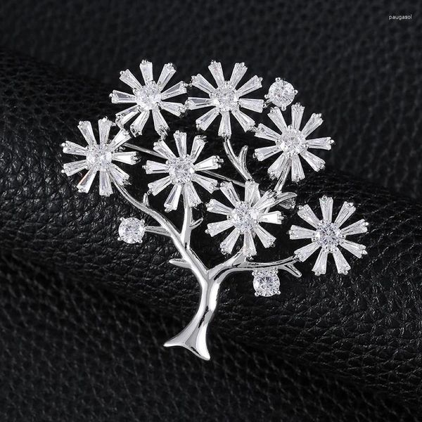 Broches de lujo de cobre Zirocn flor árbol Pins Bling latón para mujeres niñas vestido blusa ramillete joyería