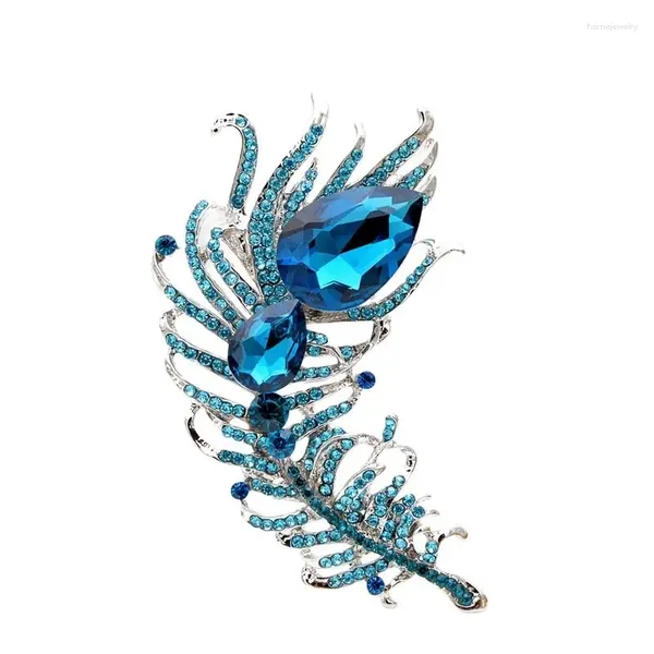Broches luxe élégant grand bleu cristal plume ramine alliage plante broch manteau accessoires dame fête des épingles de sécurité