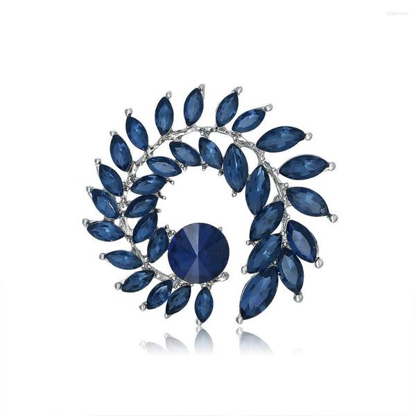 Broches luxe élégant blanc bleu cristal rond arbre feuille femmes strass alliage plante broche dame fête épingles de sûreté