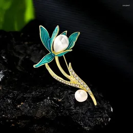 Broches de lujo elegante broche de orquídeas de alta calidad para mujer, Pin de perlas, ramillete de fiesta de boda, accesorios de joyería para traje de hoja verde