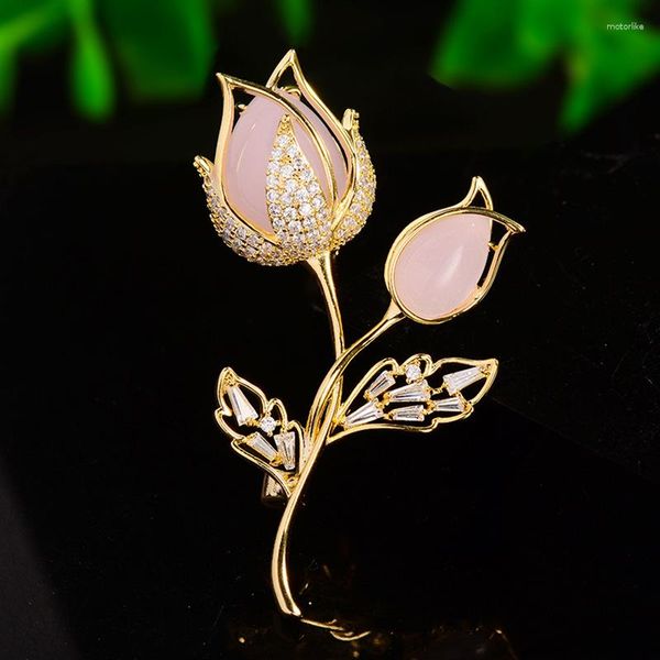Broches De luxe tulipe broche broche femmes Micro ensemble Zircon tempérament fleur plante Corsage élégant costume accessoires en gros bijoux