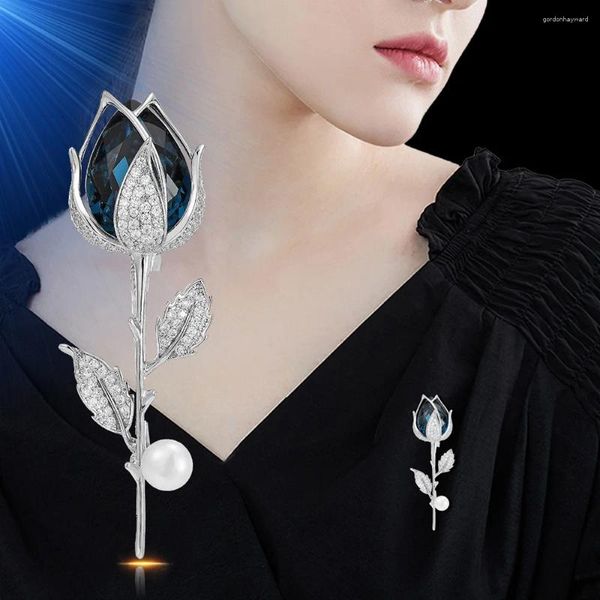 Broches Luxury Zircon Tulip Flower Pearl for Women Fashion Crystal Floral Lock Pins Banquete Patry Ropa Joya de corsage