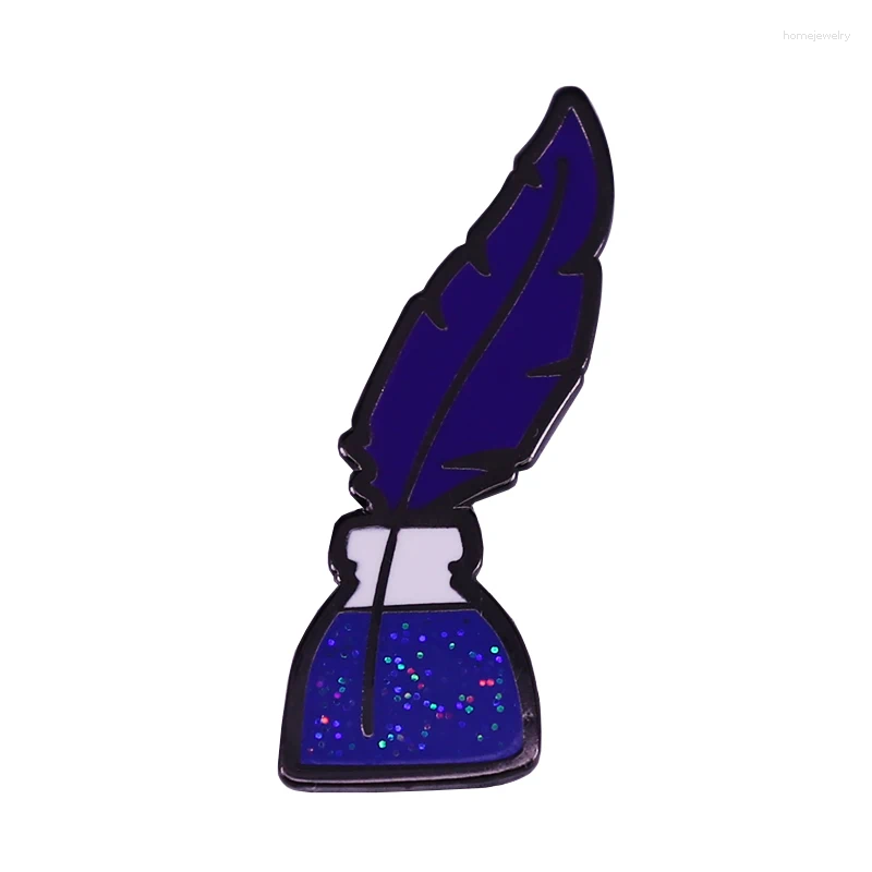 Brooches Magic Ink Blue Bottle Enamel Pin Glitter Badge Feather Pens Quill Pen Brooch Literature Lover Writer Gifts