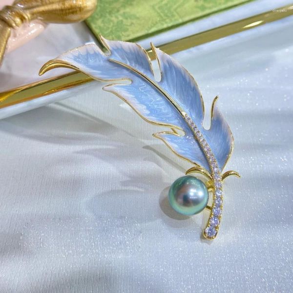 Broches MeibaPJ 9-10mm paon bleu rond perle naturelle mode plume Corsage broche pull bijoux pour femmes