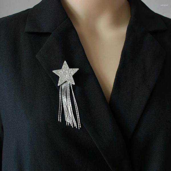 Broches minimalistas de cristal brillante para mujer, borla de cadena de estrella, moda coreana, broche para camisa, alfileres, joyería de fiesta