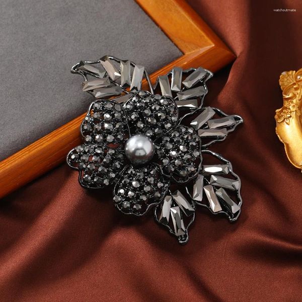 Broches Morkopela Vintage exagerado negro Diamante de imitación flor broche Pin fiesta de banquete de lujo para mujer hombre regalo