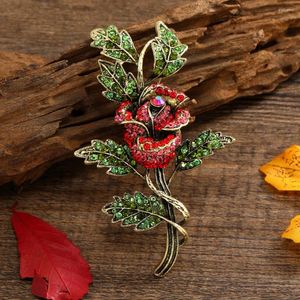 Broches Morkopela Vintage fleur Rose rouge avec feuille verte strass pour femmes broche de luxe bijoux vêtements écharpe accessoires