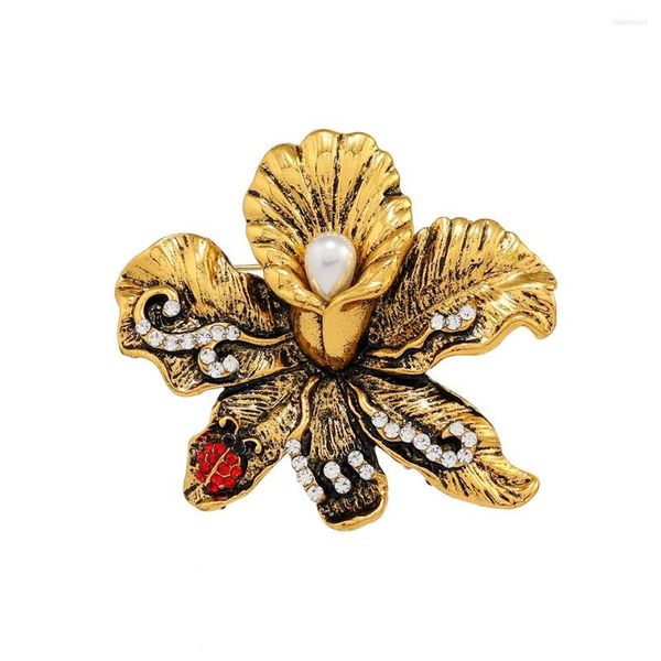 Broches Morkopela Vintage perlas simuladas para mujeres Retro Color dorado flor bufanda alfileres antiguo broche de diamantes de imitación joyería