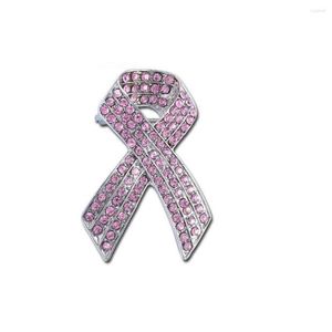Broches Mzc Fashion Pink Bowknot Broches Pins Crystal Jewelry Aleación de rehinestona Cáncer de mama plateado para mujeres Brosh
