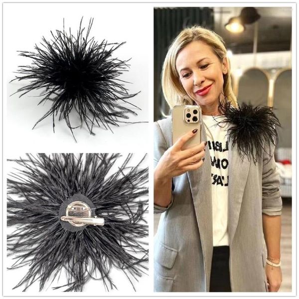 Broches en Plumes d'autruche naturelles pour femmes noires, luxe avec Plumes, épingles à revers, décoration de chapeau, bijoux, accessoire cadeau