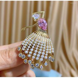 Broches OKILY Elegante Vintage Pink Zircon Dancer Girl Shiny Drop Pearl Falda Baile Broche Corsage Ballet Pins