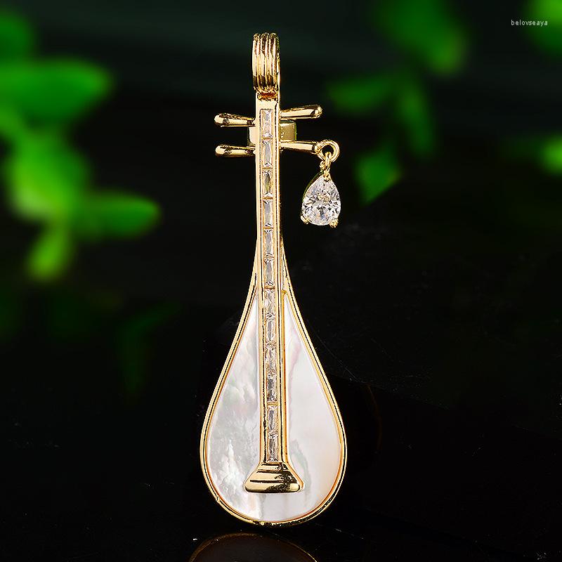 Brooches OKILY Ethnic Style Elegant Shell Pipa Brooch Pin Shiny Cubic Musical Instrument For Women Accessories Jewelry