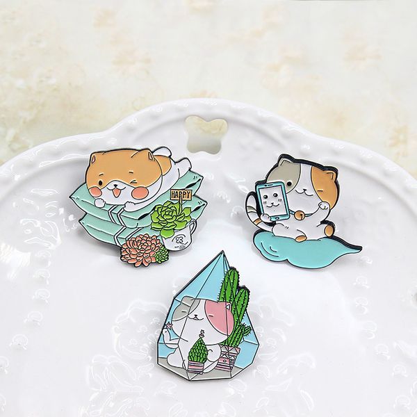 Broches Pin para Mujeres Hombres Dibujos Animados Gato Animal Planta Insignia Divertida y Pines para Ropa Bolsas Decoración Lindo Esmalte Joyería de Metal Regalo para Amigos al por Mayor