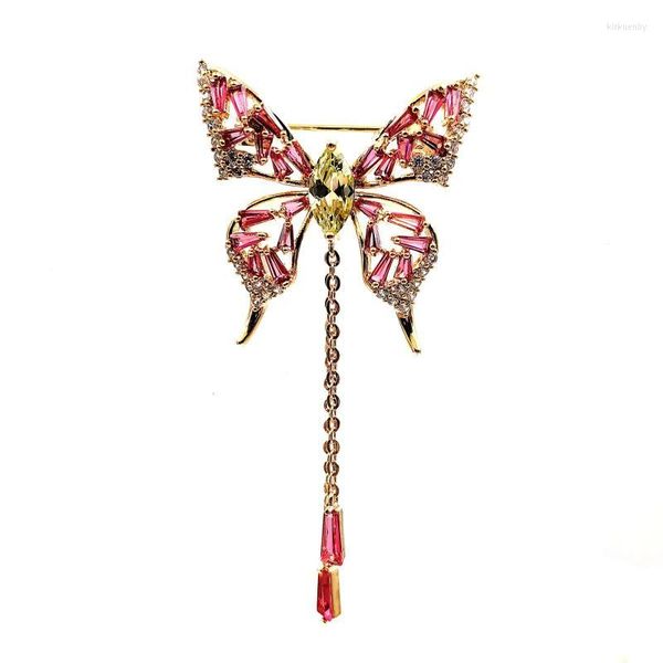 Broches Bonito diseñador abre broches de mariposa rosa con corte baguette con borla larga, elegante joyería de insectos, Pin para mujeres y damas