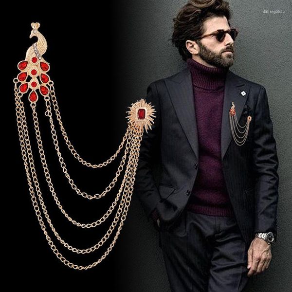 Broches Retro Brooch Pin Insignia para hombres Traje Palabra de pavo Pina con camisa de cadena Coraña de cristal Accesorios de joyería de lujo
