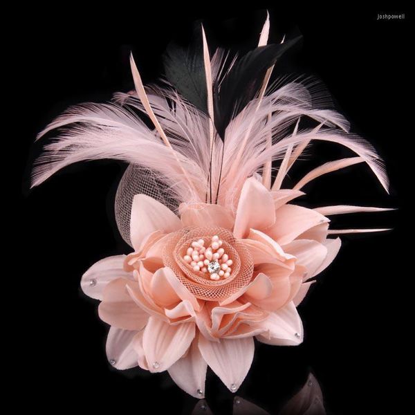 Broches de tela Retro arte broche de plumas alfileres tela de diamantes de imitación ramillete de flores solapa joyería hecha a mano accesorios de fiesta de boda