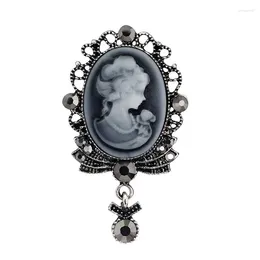 Broches Style rétro camée broche Antique couleur argent gris cristal goutte pendentif Dangle