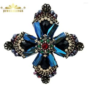 Broches Rétro Vintage Bleu Foncé Cristal Strass Croix Style Fleur Ton Or À Facettes Quatre Pétale Pins Pour Les Femmes Costume