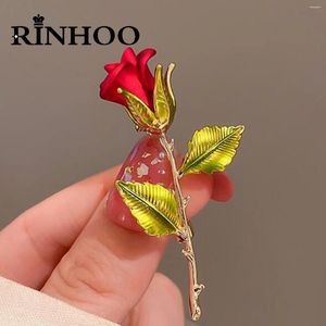 Broches rinhoo mooie rozenbloem voor vrouwen elegant rood bloemen bloemblaadje groen blad email pinnen klassiek planten badge sieraden cadeau