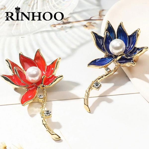 Broches rinhoo exquise rouge bleu fleur de lotus pour les femmes élégant imitation perle épingles en émail floral