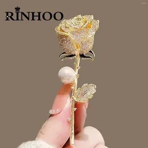 Broches Rinhoo, broche de flor rosa con diamantes de imitación para mujer, elegante broche de lujo con perlas de imitación florales para solapa, ramillete de boda, regalo de joyería