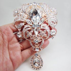 Broches Rose Gold Tone Fashion Bride Brooch Pin Clear Rinestone Crystal Flower Pendant