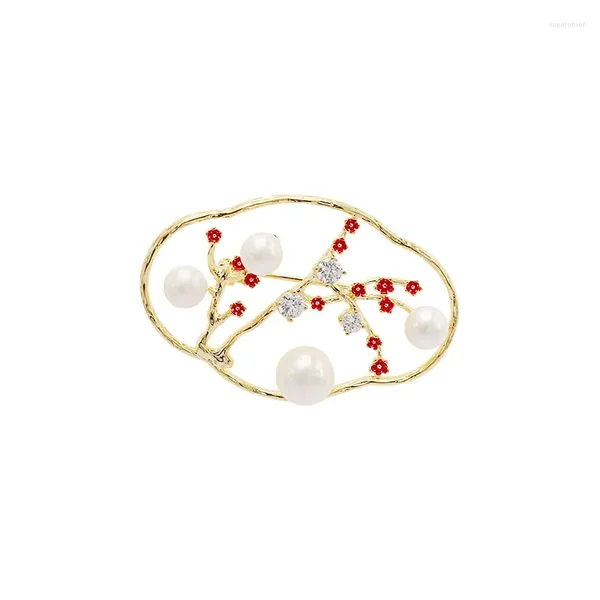 Broches de perlas de imitación para mujer, accesorios elegantes, Broche de flor roja y negra, alfileres de mujer, Broche de joyería de Metal de Color dorado