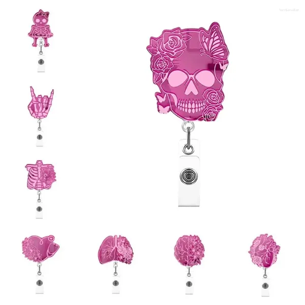 Broches calavera insignia retráctil carrete acrílico clips de tarjeta de identificación de acrílico soporte para el nombre rosa 360 clip de cocodrilo giratorio