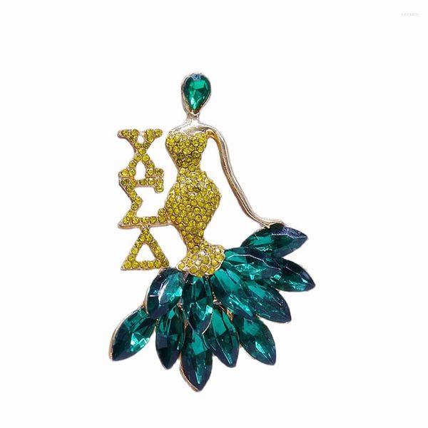 Broches élégantes avec incrustation en métal, diamant scintillant, jaune, vert, Club dansant, broche pour dame, Soror Chi Sigma Delta