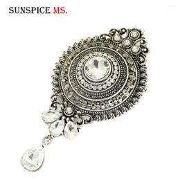 Broches SUNSPICE MS Retro Vintage turco mujer broche de cristal Color plata antigua corona redonda Hijab solapa Pins joyería para banquete de boda