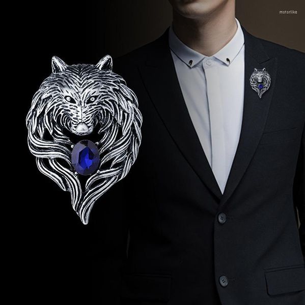 Broches Vintage Animal Wolf Broche Rhinestone Collar Pins Insignia Moda Traje Camisa Ropa Joyería Para Hombres Accesorios