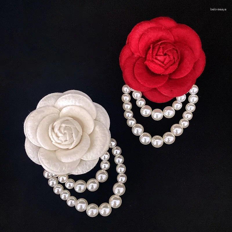 Broşlar Vintage Camellia Çiçek Mücevher Gömlek Yaka Pin Aksesuarları Moda Kadınlar İnci Tassel Broşa Yoklu Pinler